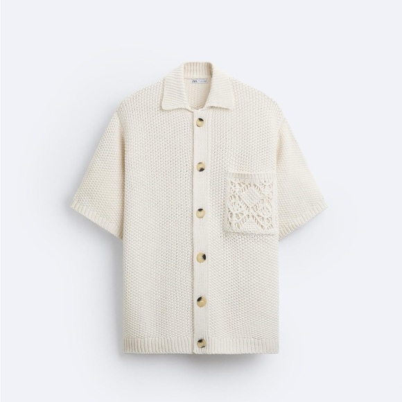 New Zara Men Cream Crochet Knit Top Shirt Men M Buttons - Picture 1 of 7
